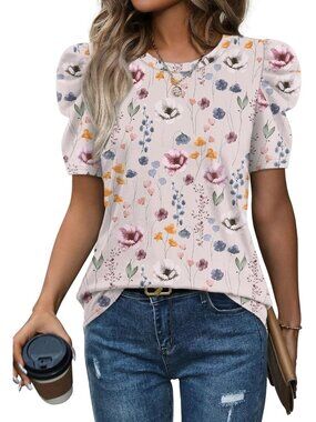 👑 Womens Floral Colorful Puff Sleeve Summer Crew Neck Casual Dressy T Shirt Top
